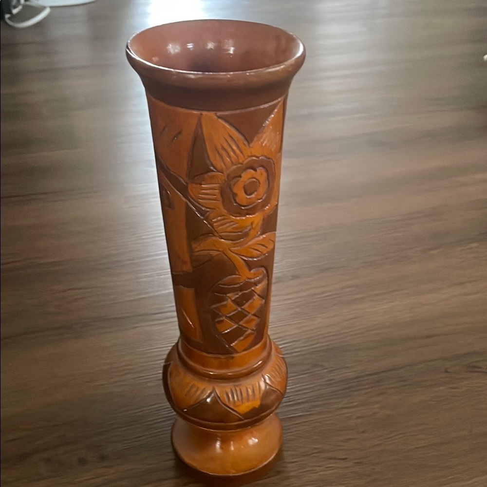 Vintage Wooden Hand Carve Floral Vase